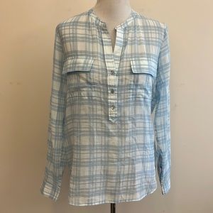 Vince Blue & White Plaid Long Sleeve High Low Cotton Tunic Size Medium